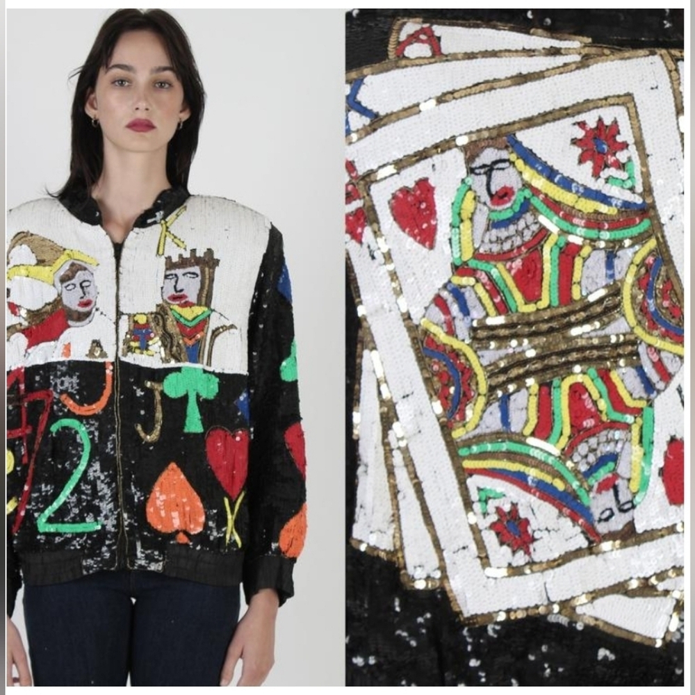 80s Playing Cards Sequin Bomber Black Silk Blazer / Ace King Queen Jack. Size M